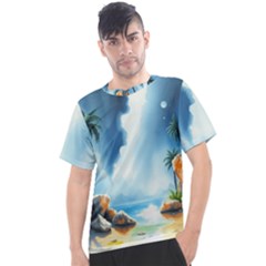 Delicate Watercolor Painting Surreal Oasis Scene With Intense Dramatic Lighting Men s Sport Top