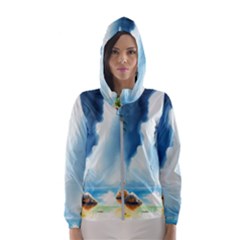 Delicate Watercolor Painting Surreal Oasis Scene With Intense Dramatic Lighting Women s Hooded Windbreaker