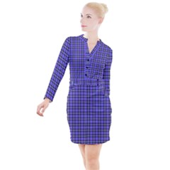 Blue Tartan Plaid 1 Button Long Sleeve Dress