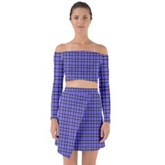 Blue Tartan Plaid 1 Off Shoulder Top With Skirt Set