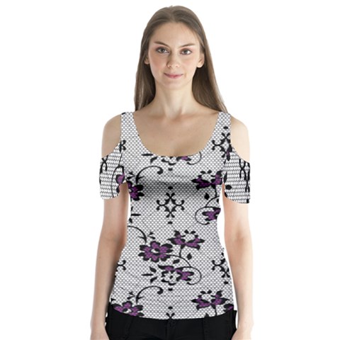Elegant Purple Floral Jacquard Mesh Lace Fabric Butterfly Sleeve Cutout T-shirt  by ArtfulThreads