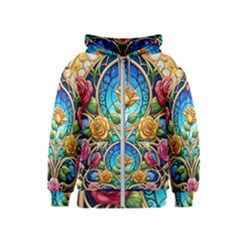 Roses Floral Stained Glass Vibrant Kids  Zipper Hoodie