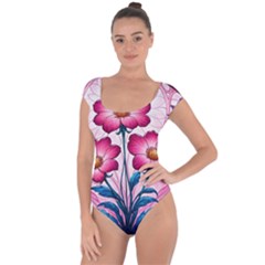 Fantasy Pink Flowers Stained Glass Short Sleeve Leotard  by Grandong