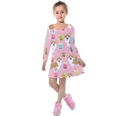 Corgi Bubble Boba Tea Pink Pattern Kids  Long Sleeve Velvet Dress by Salmanaz77