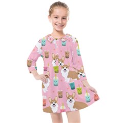 Corgi Bubble Boba Tea Pink Pattern Kids  Quarter Sleeve Shirt Dress by Salmanaz77