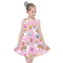 Corgi Bubble Boba Tea Pink Pattern Kids  Summer Dress by Salmanaz77