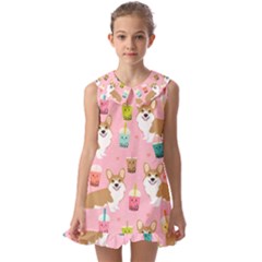 Corgi Bubble Boba Tea Pink Pattern Kids  Pilgrim Collar Ruffle Hem Dress by Salmanaz77