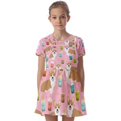 Corgi Bubble Boba Tea Pink Pattern Kids  Short Sleeve Pinafore Style Dress by Salmanaz77