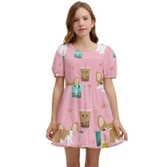 Corgi Bubble Boba Tea Pink Pattern Kids  Short Sleeve Dolly Dress by Salmanaz77