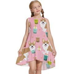 Corgi Bubble Boba Tea Pink Pattern Kids  Frill Swing Dress by Salmanaz77