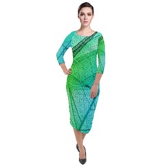 Texture Green Leaf Abstraction 3d Quarter Sleeve Midi Velour Bodycon Dress