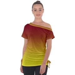 Burgundy Red To Electric Yellow Linear Gradient Off Shoulder Tie-up T-shirt