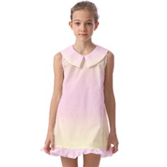 Cream Yellow To Pink Lace Bilinear Gradient Kids  Pilgrim Collar Ruffle Hem Dress by GradientsOmbre