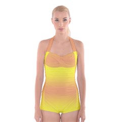 Electric Yellow To Coral Pink Bilinear Gradient Boyleg Halter Swimsuit 