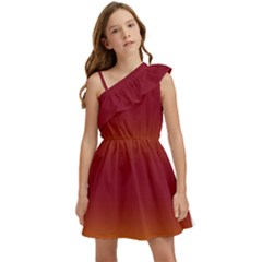 Amber Orange To Burgundy Red Bilinear Gradient Kids  One Shoulder Party Dress