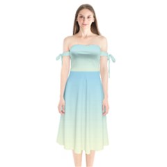 Baby Blue To Cream Yellow Linear Gradient Shoulder Tie Bardot Midi Dress by GradientsOmbre