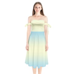 Baby Blue To Cream Yellow Bilinear Gradient Shoulder Tie Bardot Midi Dress by GradientsOmbre