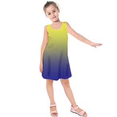 Electric Yellow To Navy Blue Linear Gradient Kids  Sleeveless Dress by GradientsOmbre