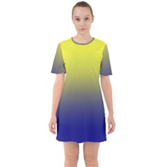 Electric Yellow To Navy Blue Linear Gradient Sixties Short Sleeve Mini Dress by GradientsOmbre