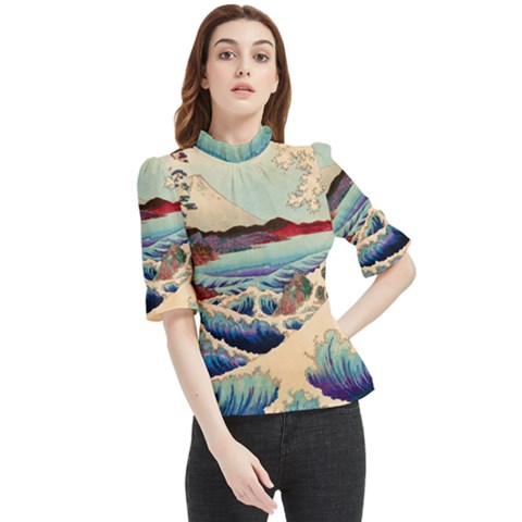 Wave Japanese Mount Fuji Ocean Frill Neck Blouse by Bedest