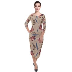 Leaves Pattern Teal Seamless Fall Quarter Sleeve Midi Velour Bodycon Dress by Sabxi