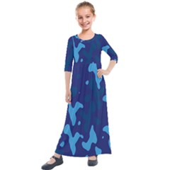 Blue Camouflage Pattern Kids  Quarter Sleeve Maxi Dress