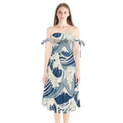 Japanese Wave Pattern Shoulder Tie Bardot Midi Dress