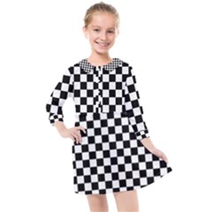 Pattern Checkered Squares Black White Pattern Kids  Quarter Sleeve Shirt Dress by Sabxi