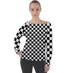 Pattern Checkered Squares Black White Pattern Off Shoulder Long Sleeve Velour Top