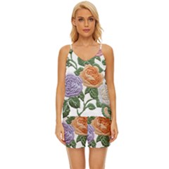 Embroidery Roses Floral Design V-neck Satin Pajamas Set by Sabxi