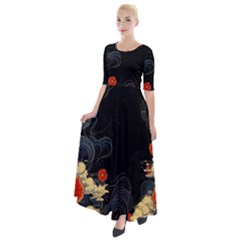 Korean Art Flowers Asian Pattern Half Sleeves Maxi Dress