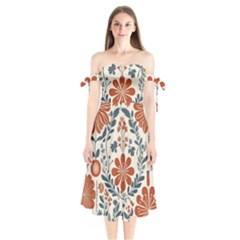 Retro Scandinavian Nordic Flowers Pattern 3 Shoulder Tie Bardot Midi Dress