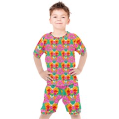 Retro 40s 50s Mexico Flowers Pattern Kids  T-shirt And Shorts Set