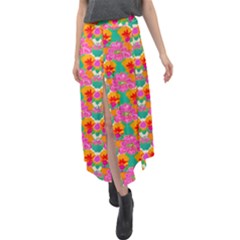 Retro 40s 50s Mexico Flowers Pattern Velour Split Maxi Skirt