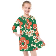 Mid Century Retro Floral 1970s 1960s Pattern 94 Kids  Quarter Sleeve Shirt Dress