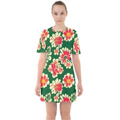 Retro 40s 50s Mexico Flowers Pattern 2 Sixties Short Sleeve Mini Dress by violetheavensky
