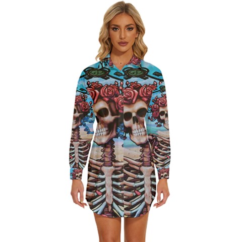 Grateful Dead Hippie Peace Roses Rock Music Legend Womens Long Sleeve Shirt Dress by Tsamara