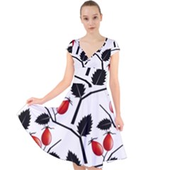 Rose Hip Pattern Branches Autumn Cap Sleeve Front Wrap Midi Dress