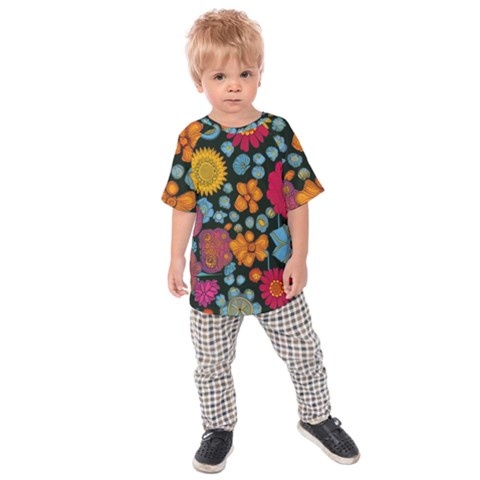 Mid Century Retro Floral 1970s 1960s Pattern 77 Kids  Raglan T-shirt by violetheavensky
