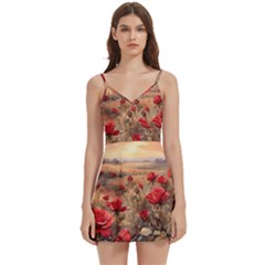 Roses Flower Field Sunset Nature Body Wrap Sleeveless V-neck Mini Dress by Anend