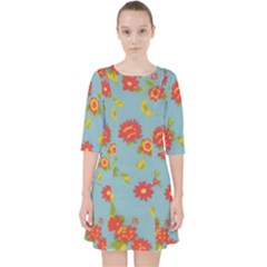Mid Century Retro Floral 1970s 1960s Pattern 78 Quarter Sleeve Pocket Dress by violetheavensky