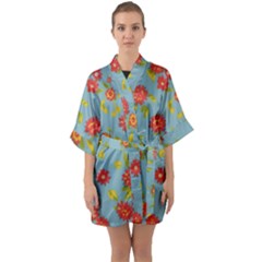 Mid Century Retro Floral 1970s 1960s Pattern 78 Half Sleeve Satin Kimono 