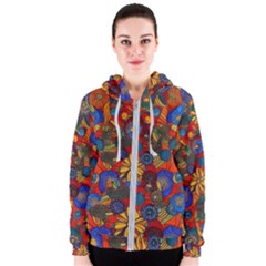 Mid Century Retro Floral 1970s 1960s Pattern 69 Women s Zipper Hoodie