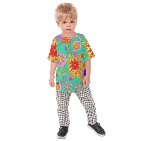 Mid Century Retro Floral 1970s 1960s Pattern 58 Kids  Raglan T-shirt by violetheavensky