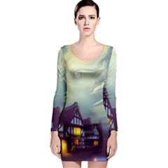 Village Moon Cloudy Historical Tudor Architecture Houses Town Night Windows City Long Sleeve Bodycon Dress by Posterlux