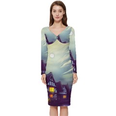 Village Moon Cloudy Historical Tudor Architecture Houses Town Night Windows City Long Sleeve V-neck Bodycon Dress  by Posterlux