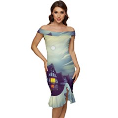 Village Moon Cloudy Historical Tudor Architecture Houses Town Night Windows City Off Shoulder Ruffle Split Hem Bodycon Dress by Posterlux