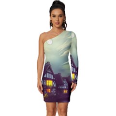Village Moon Cloudy Historical Tudor Architecture Houses Town Night Windows City Long Sleeve One Shoulder Mini Dress by Posterlux