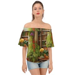Room Interior Library Books Bookshelves Reading Literature Study Fiction Old Manor Book Nook Reading Off Shoulder Short Sleeve Top by Posterlux