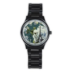 Blue Roses Vintage Paris Eiffel Tower Floral Fashion Decor Sport Metal Watch (black) by chicelegantboutique